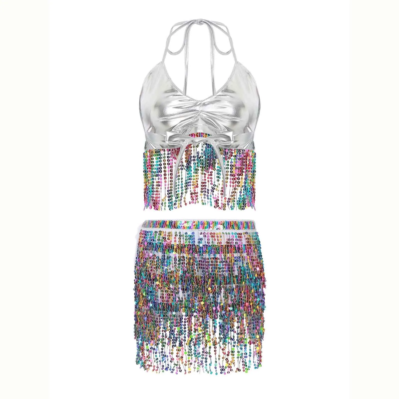 Vrouwen Buikdans Outfit Sprankelende Halter Bh Tops met Hippe Sjaal Set voor Buik Kwasten Bling Bling Dansvoorstelling Kostuum