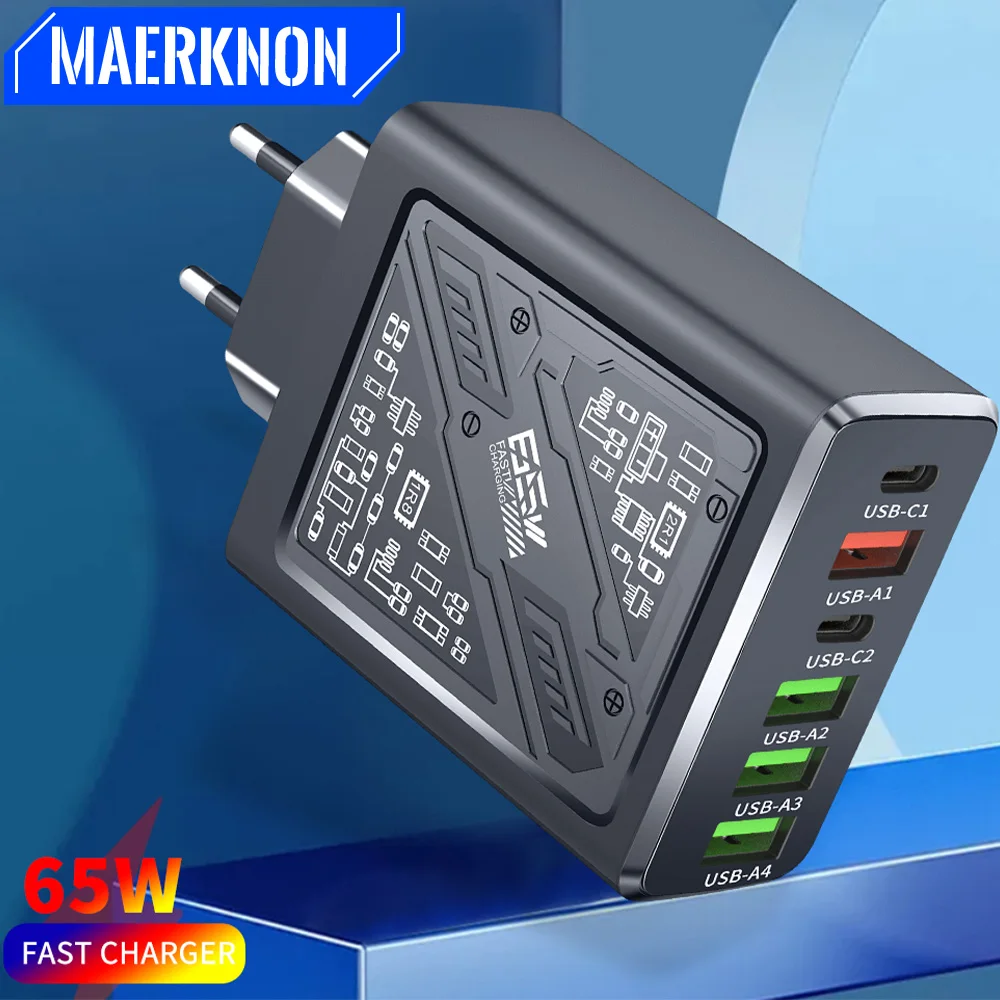 

Total 65W 6 Ports USB Type C Charger Fast Charging EU/US/UK Plug Wall Charger For iPhone Samsung Xiaomi Multi Port Phone Charger