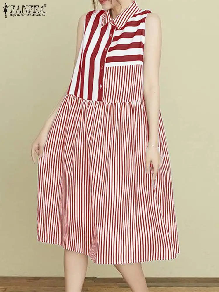 

ZANZEA Korean Stripes Patchwork Vestidos Fashion Sleeveless Shirt Dress Women 2024 Lapel Neck Tank Robe Holiday Buttons Dresses