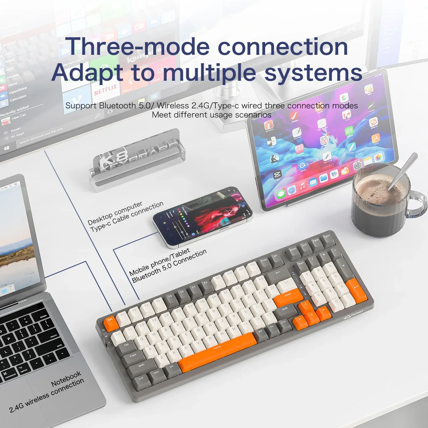 K8 100 Key Wireless Mechanical Keyboard Tri- Connection,Full Key Hot Swap,lighting Effects,Gasket Muffler Structure, Laptops