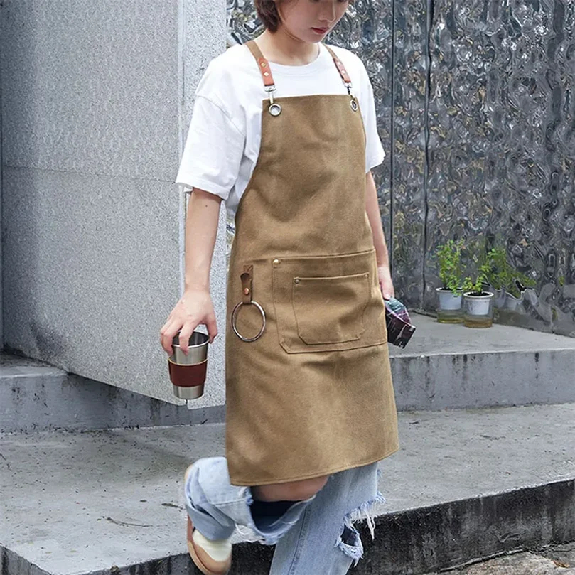 Thickened Waterproof Canvas Work Apron for Waiter Barista Hairdresser Men Women Cross-back Bib Kitchen Restaurant Cafe Apron