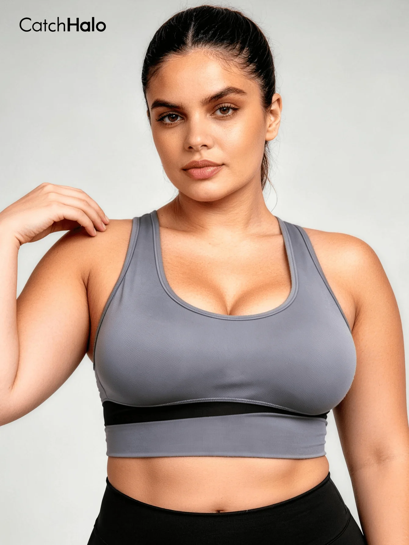 Plus size short seamless ribbed racerback sports bra for Pilates, everyday wear, and gym workouts