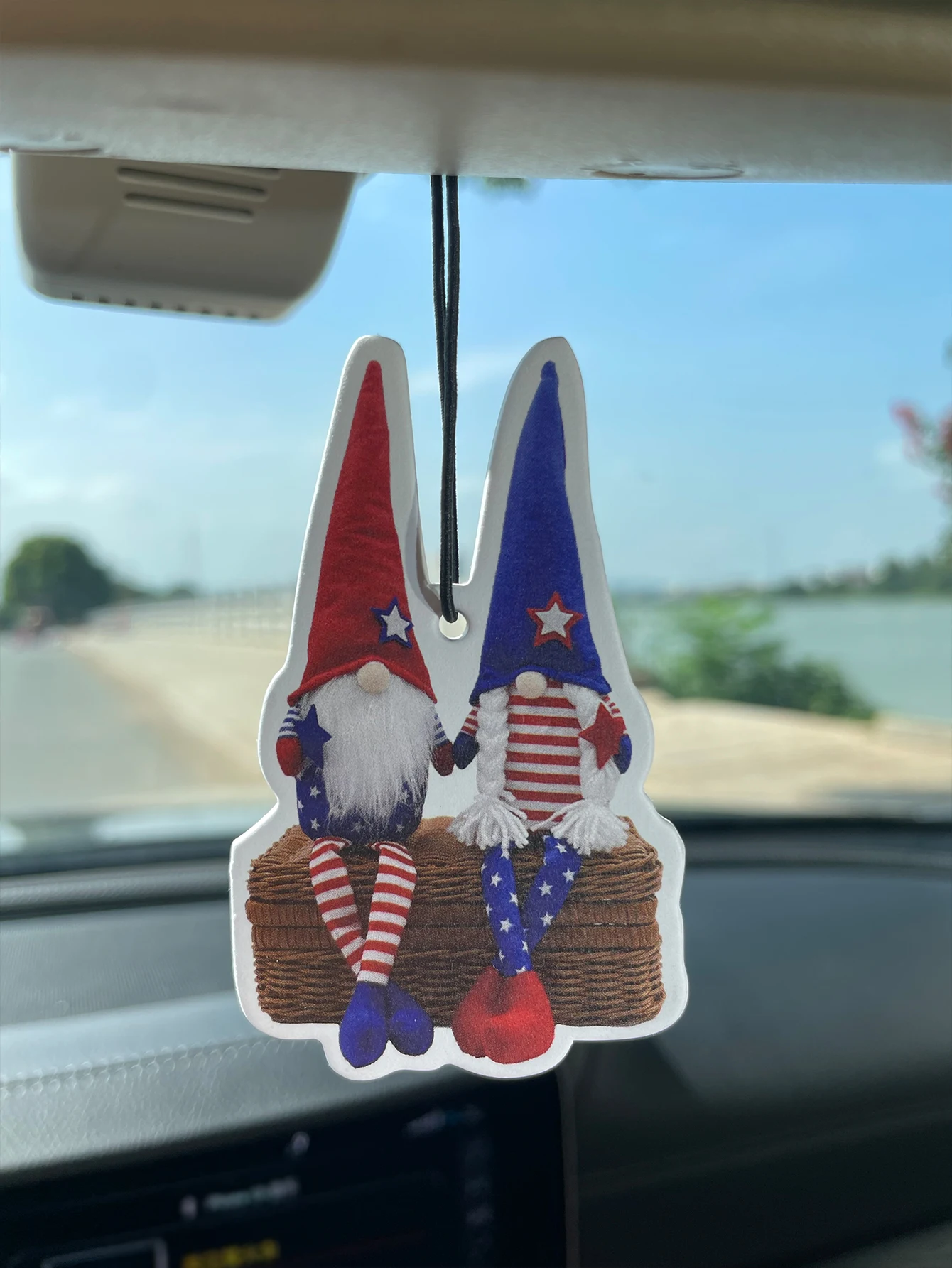 Patriotic American Flag Twin Gnomes Hanging Car Air Freshener, Red White Blue Star Striped Gnome Scented Paper Card, Natural Pla