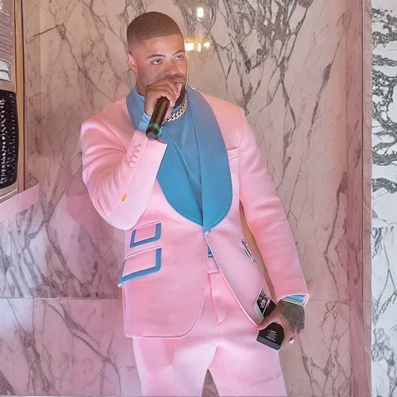 

Fashion Homme Pink Men Suits Formal Tuxedos For Wedding Groom Shawl Lapel Prom Slim Fit Men Blazer 2 Pieces Jacket Pant