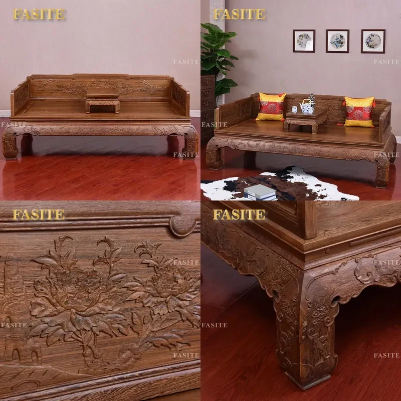 For Chinese Style Rosewood Arhat Bed Two Person Sofa Chicken Wing Wood Landscape Grass Dragon Pattern Leisure Couch Living