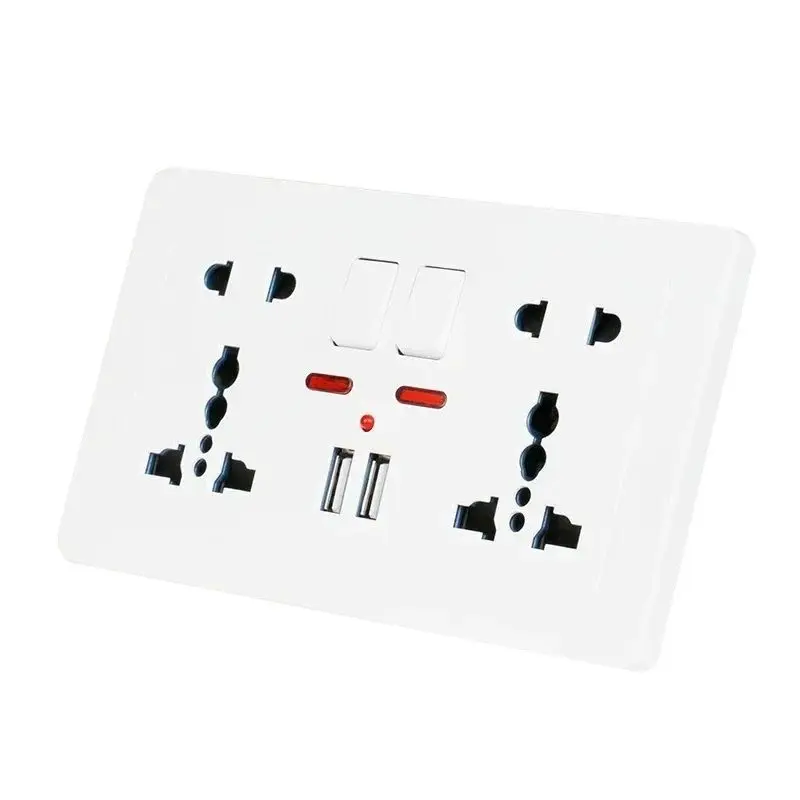 

Настенная розетка с двумя универсальными гнездами, 5 отверстий, с выключателем, двойной USB-порт для зарядки 2.1A, светодиодный индикатор, 146мм*86мм