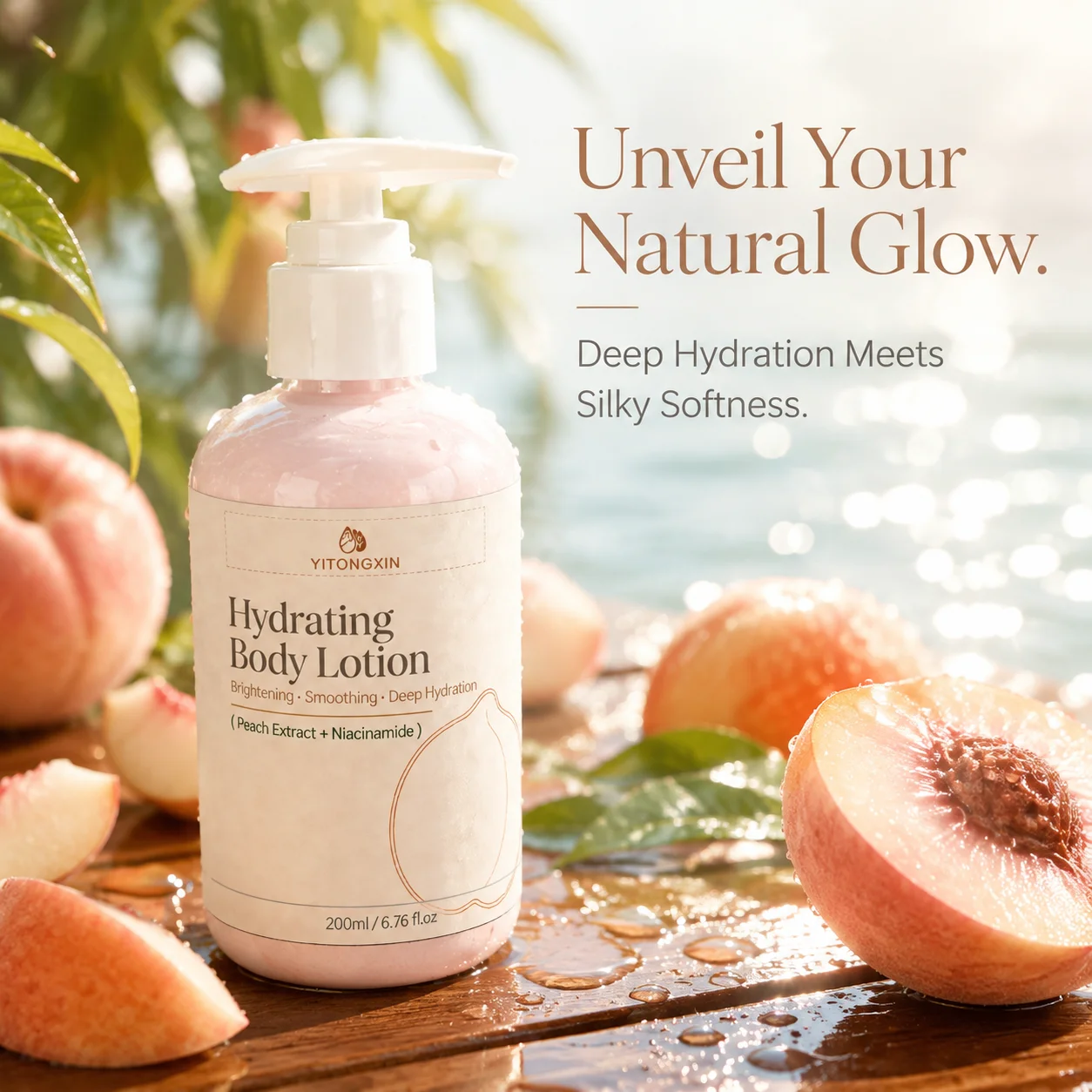 Hydrating Body Lotion w/ Peach Extract & Niacinamide. Brightening & Even Skin Tone. Gently Softens Skin. 200ml