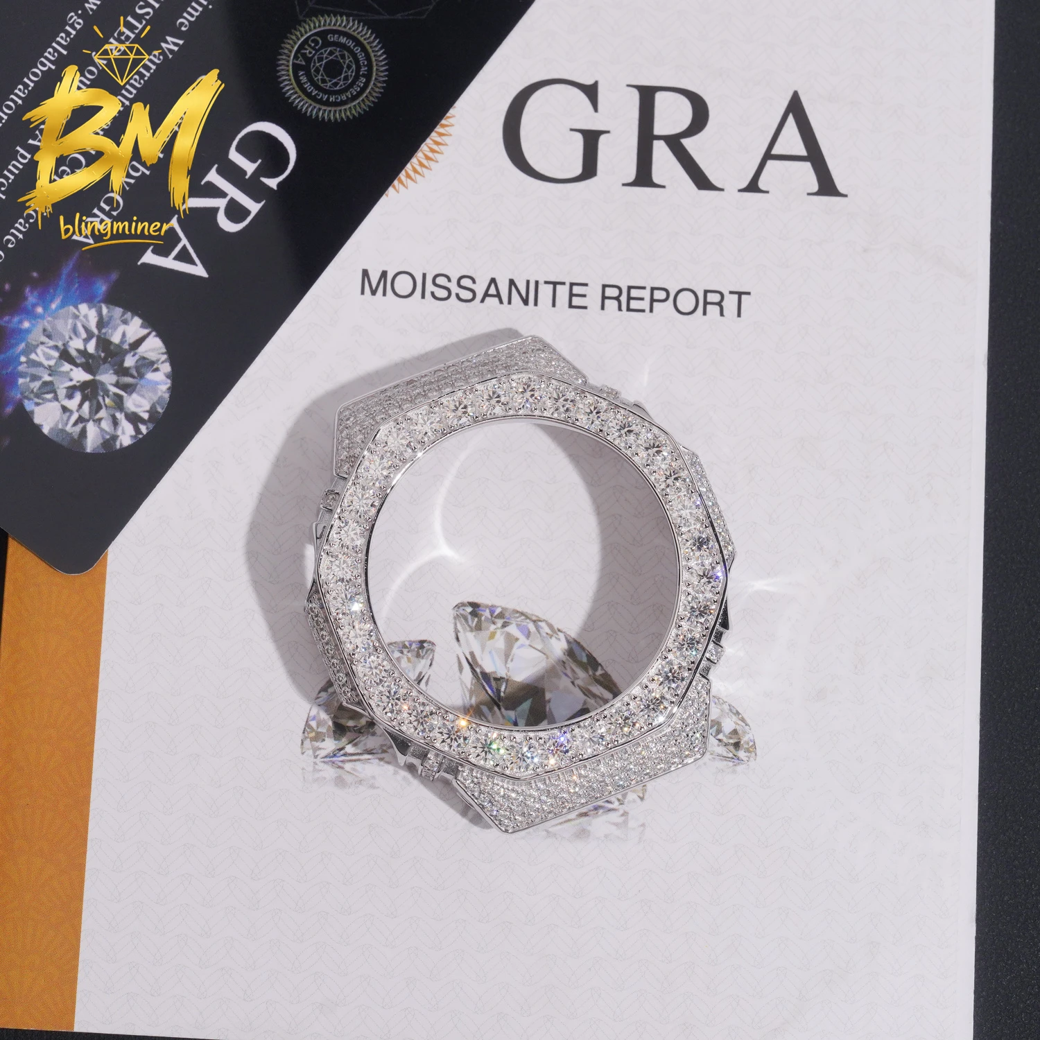Blingminer CAS** GA2100 VVS Moissanite Watch Case  Brass Can Pass Diamonds Tester With GRA Wrist Diamonds Case Free Shipping