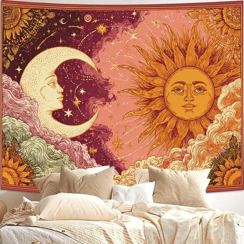 VIKAMA Wall Tapestry Retro Bohemian Sun Moon Star Tapestry Hand Drawn Sun Moon Cloud Printing Print Tapestry Hanging Clothw23