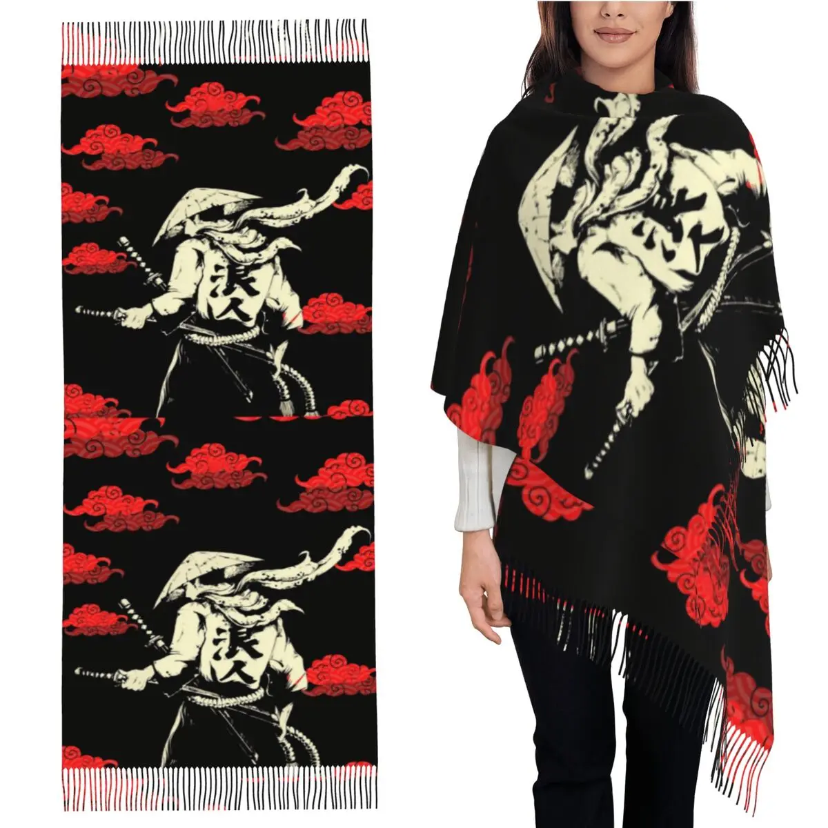 

Red Cloud Japanese Samurai Warrior Аниме1 Шарф Шарфы с кисточками для женщин Мягкие теплые шали и накидки Длинная осенне-зимняя шаль