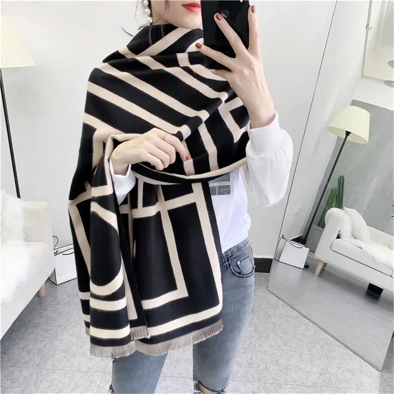 Luxury brand Winter Scarf Women Soft Cashmere Warm Pashmina Geometric Print Scarves Wraps Thick Long Shawls Bufanda Stoles Hijab