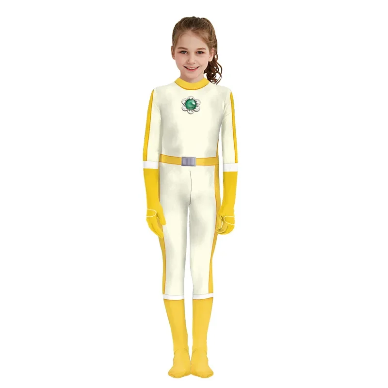 Kids Princess Peach Cosplay Jumpsuit Rosalina Bodysuit Costume Daisy Catsuit Halloween Party Girls Zentai Suit