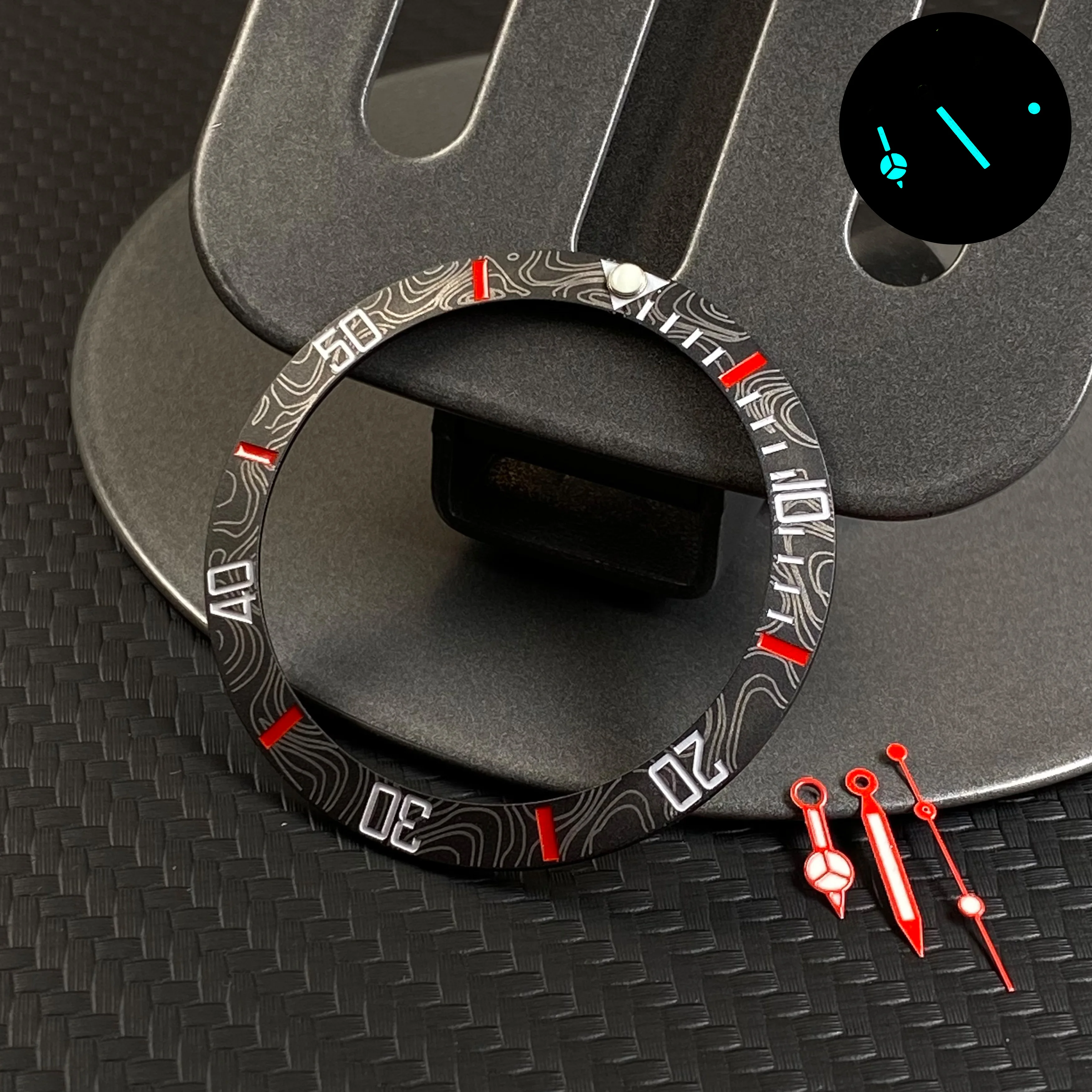 NH35 시계 바늘 섬유 패턴 디자인 세라믹-알루미늄 베젤 블루 그린 빛나는 손 NH35 NH36 무브먼트 부품 시계 케이스에 적합