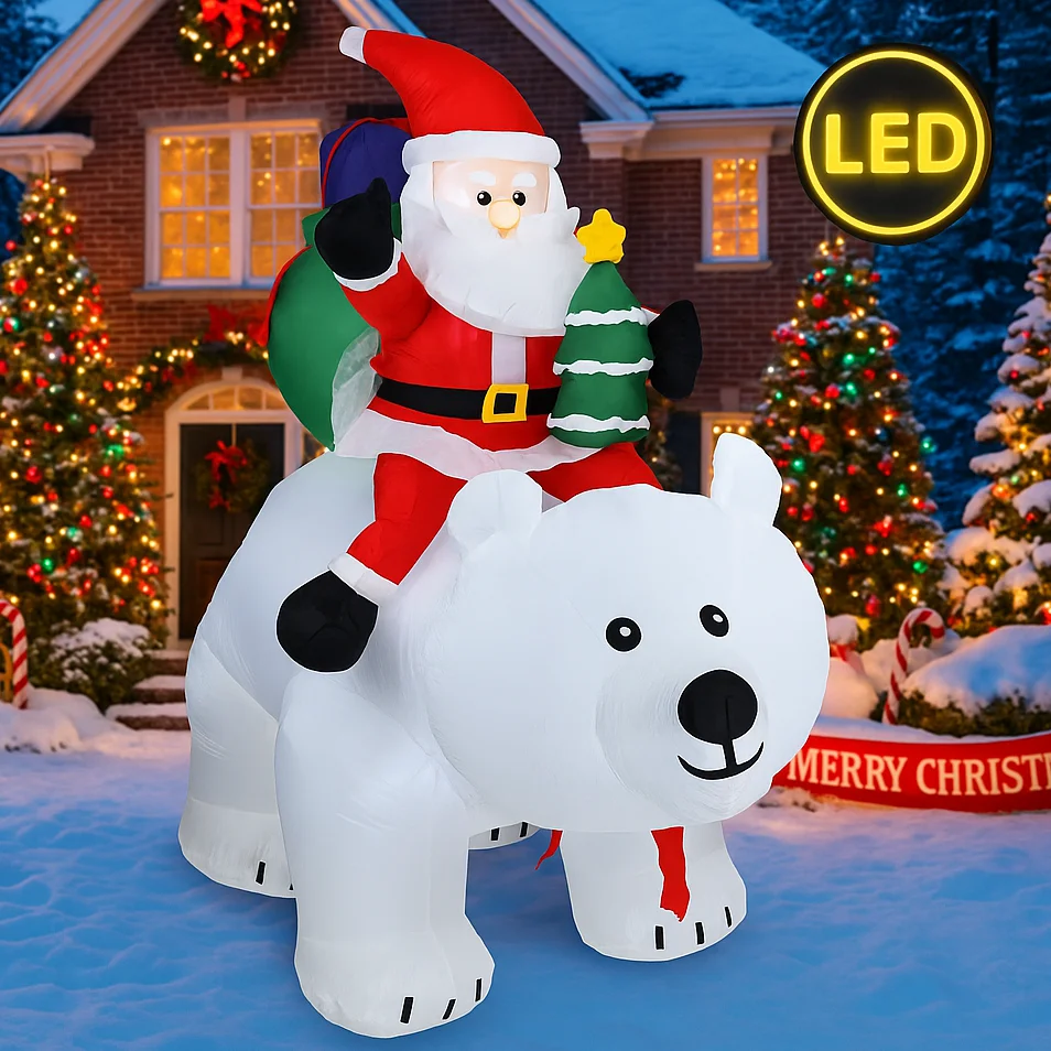

2.1M/6.8FT Inflatable Santa Claus Riding Polar Bear Lights LED Home Decorations Toys Yard Xmas Ornaments Holiday Decor Supplies