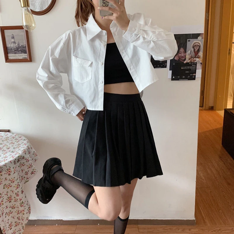 MEXZT Fashion Korean Pocket Cropped Blouse Women Casual Preppy Style Long Sleeve Short Shirt Fall Solid White All-match Y2k Tops