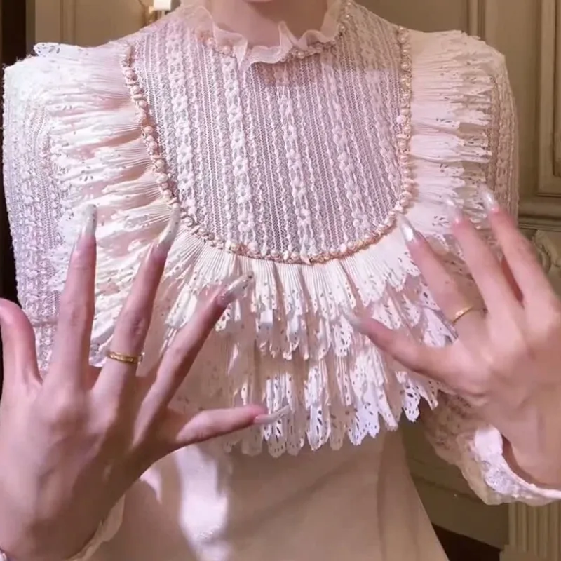 Chemise à manches longues pour femmes, rétro français, industrie lourde, perles d'ongles, nouvelle mode d'automne 2025, taille polyvalente, haut amincissant