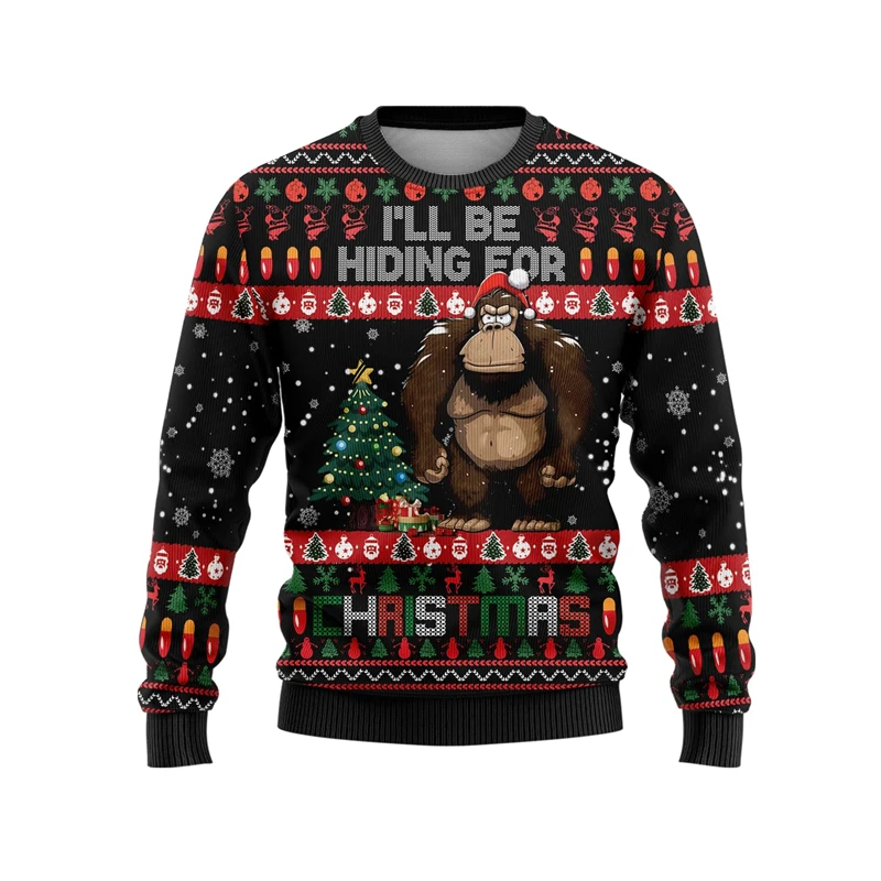 Harajuku Bigfoot Ugly Christmas Sweater For Men Sasquatch Graphic Sweatshirts Casual Xmas Holiday Sweaters Unisex Pullovers Tops