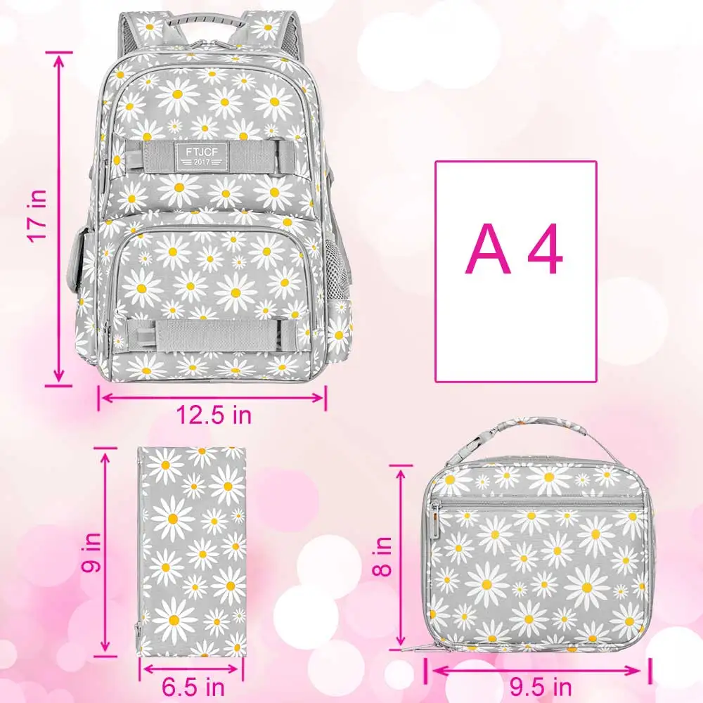 3PCS Daisy Girls Backpack, 17 Inch Laptop School Bookbag Teen College Water Resistant Kids Backpacks with Lunch Box Set - Grey