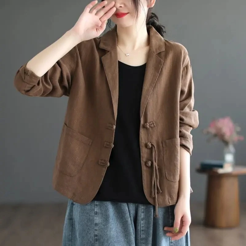 Retro Button Cotton Linen Suit Jacket Women\'s Spring Autumn 2024 New Loose Thin Chinese Style Suit Coat Fashion Outerwear Tops