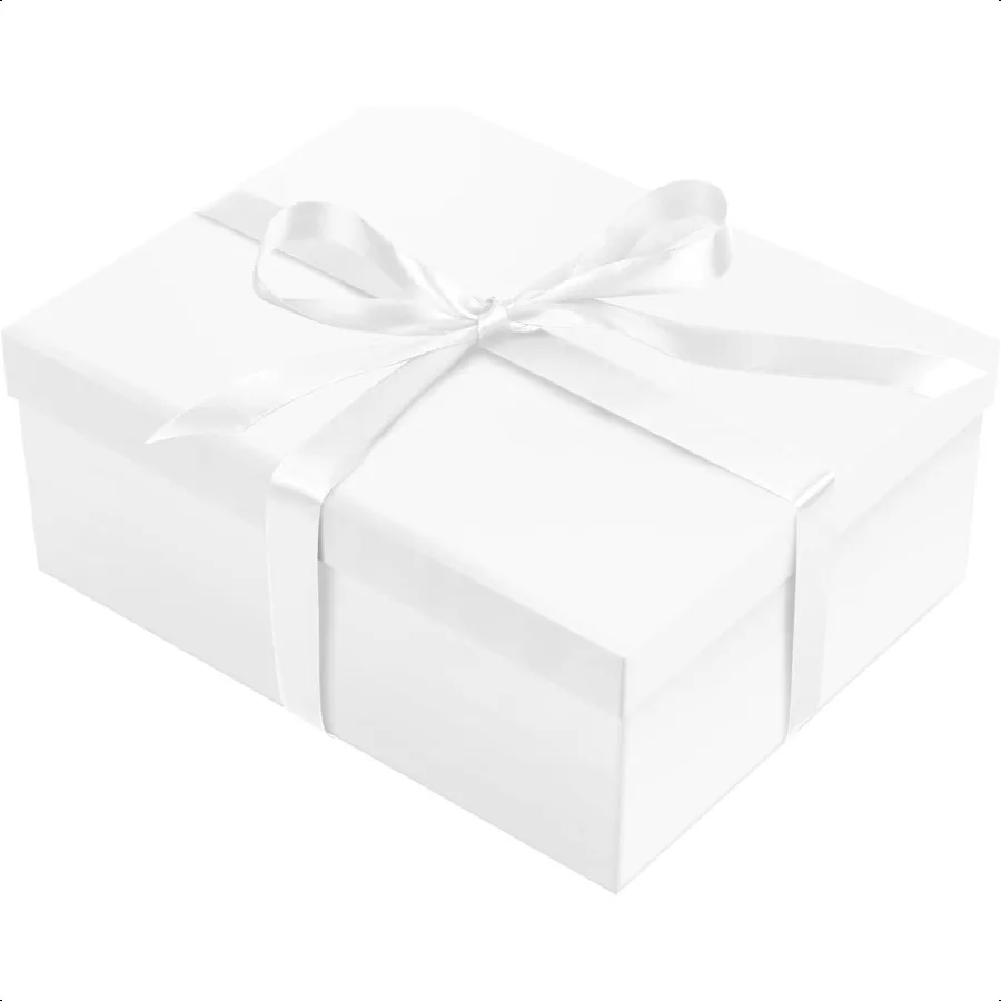 

White Gift Box with Lid for Present Large Collapsible Gift Box with Filler Paper Ribbon for Birthday Anniversary 12.6x9.8x4.9
