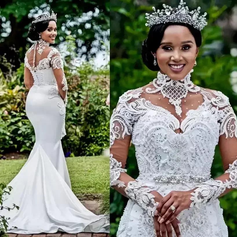 Customized Long Sleeve Mermaid Wedding Dress 2025  African Nigerian Heavy Pearls Crystals Arabic Princess Bridal Reception Dress