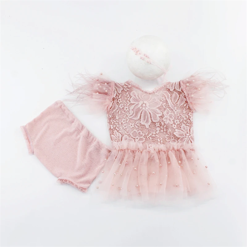 Fairy Newborn Photography Clothing Outfits Flamingo Feathers Infant Lace Dress Panties Pearls Headband 3pcs Sets Photo Costumes