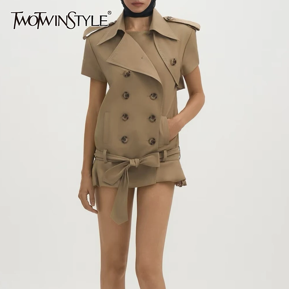 TWOTWINSTYLE Modische, gespleißte, zweireihige Trench-Kleider für Damen, Revers, kurze Ärmel, Patchwork, Schnürkleid, Damenbekleidung