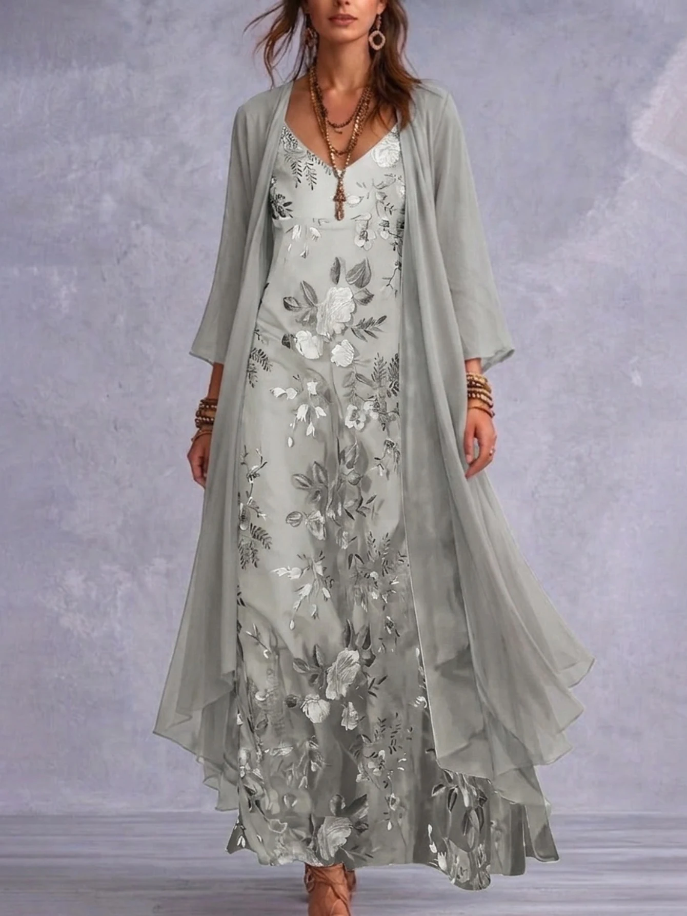 Frühlings- und Sommerkleid für Damen in Übergröße, elegant, im ländlichen Stil, mit Blumenmuster, Camisole-Kleid mit V-Ausschnitt, Dreiviertelärmeln und halbtransparenter Sonnenschutz-Strickjacke, langes zweiteiliges S – Detail 8