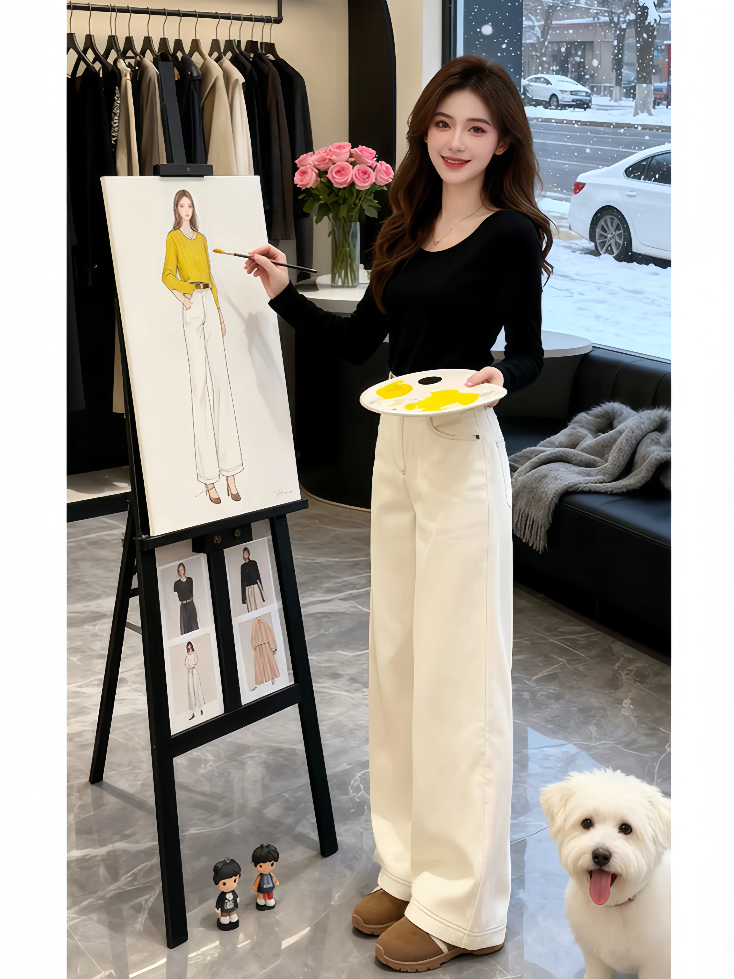 High Waist Wide Leg Jeans Women's Loose Casual Pants Belted Autumn Winter New Style Small Size Slimming Jeans in Beige