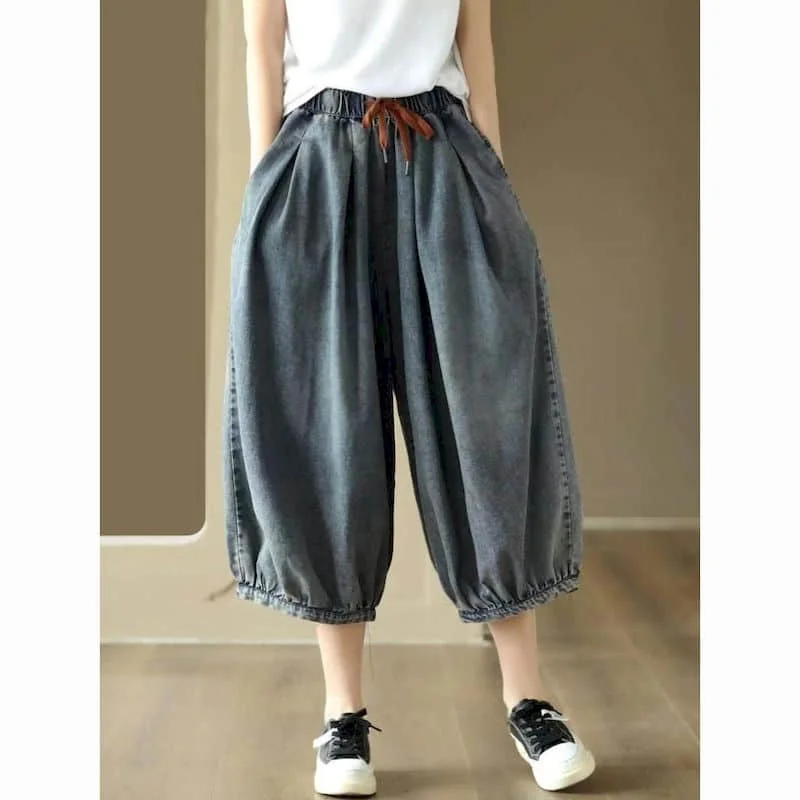 Baggy Jeans Women Oversized Casual Loose Lantern Calf Length Pants Vintage Artistic Elastic Waisted Streetwear Women Clothing