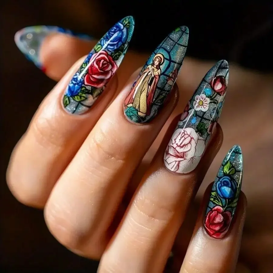 

24Pcs Long Holy Mother Rose Press On Nails, Vintage Elegant, Reusable Removable, Daily Party Date For Women, Free Shipping