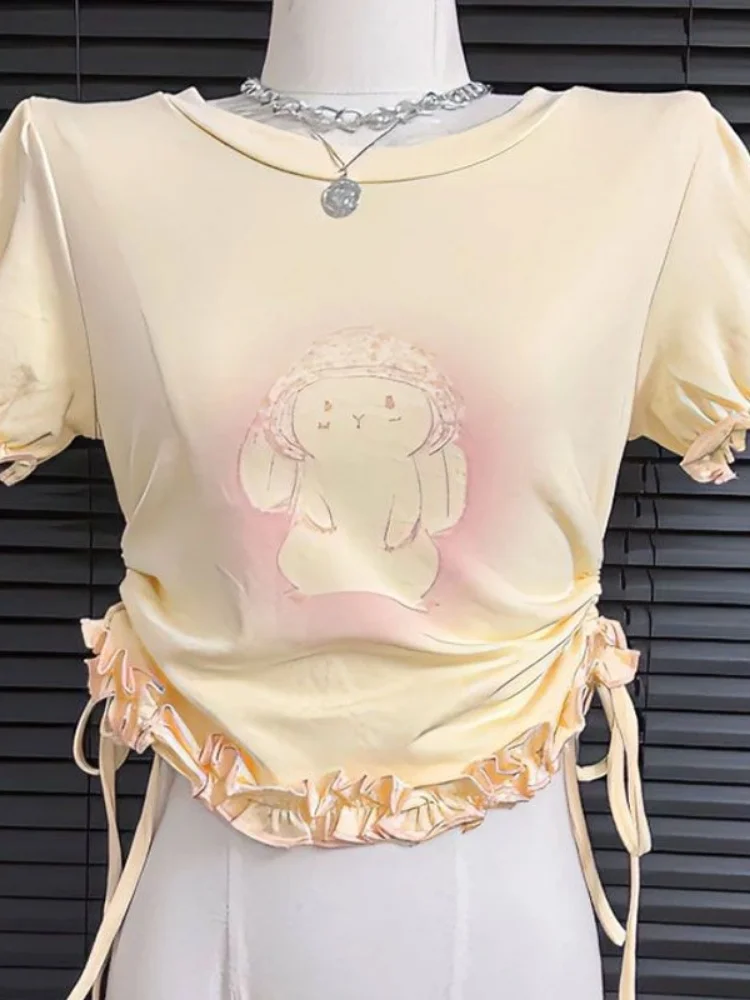 Japaneses Cartoon T-shirt Bandage Harajuku Slim Waist Tunic Crop Top Women 2024 Summer All Match Sweet Cute Y2k Aesthetic Tees