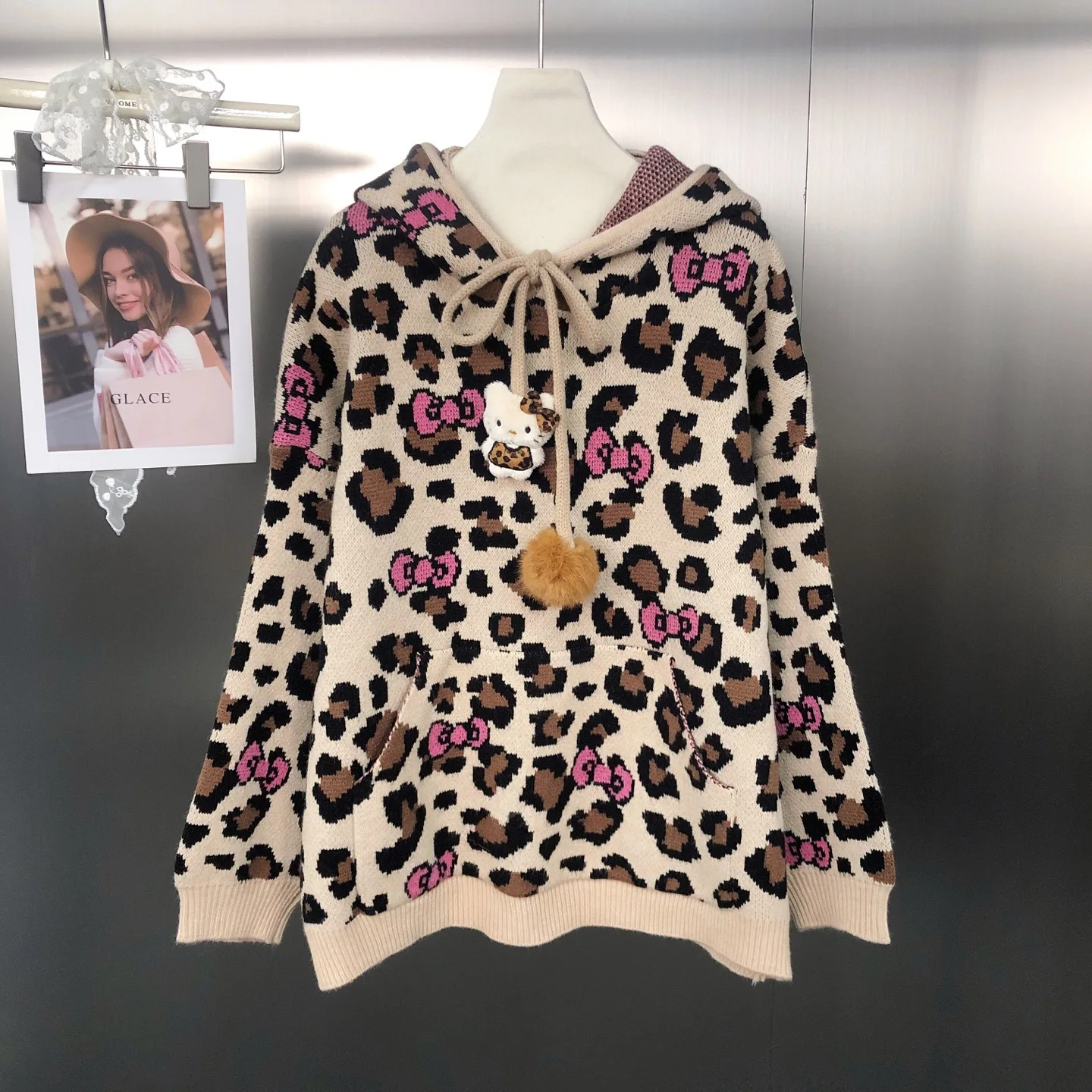 الكورية نمط الرجعية ليوبارد طباعة اللون كتلة معطف بقلنسوة الخريف الشتاء الشباب الكرتون الجاكار البلوز تريكو Y2k سترة #3