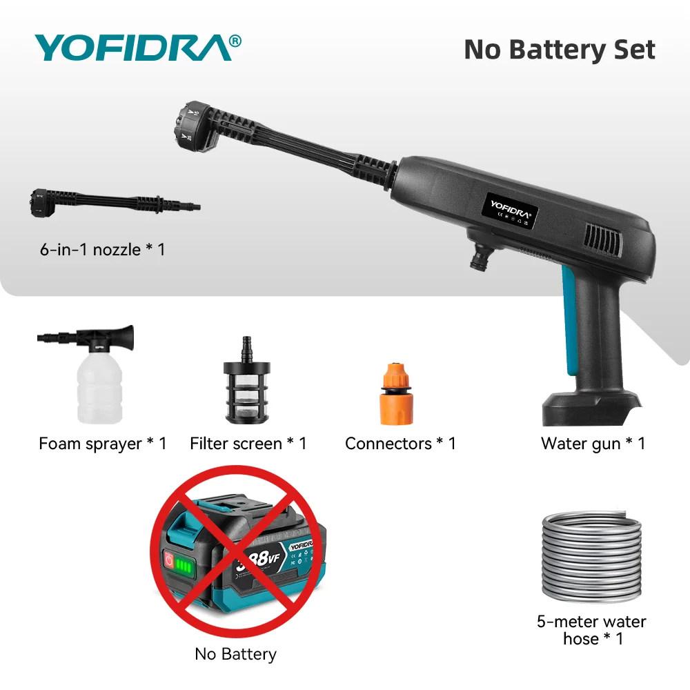 YOFIDRA 6IN1 Hogedruk Elektrisch Waterspuitpistool Auto Tuin Wasmachine Tool Met 22L Opvouwbare Wateremmer Voor Makita Batterij pin