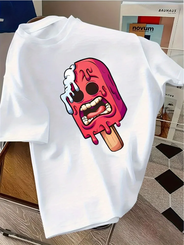 Streetwear Mens White Crew Neck T Shirt Creepy Melting Red Popsicle Cartoon Graphic Soft Cotton Short Sleeve Summer Daily Tops