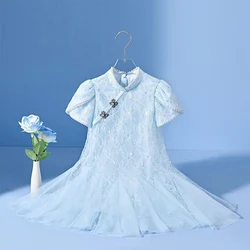 Children's casual dress summer fashion UP for girls kids baby pearl sequin embroidered Hanfu A-line dress 2-10T