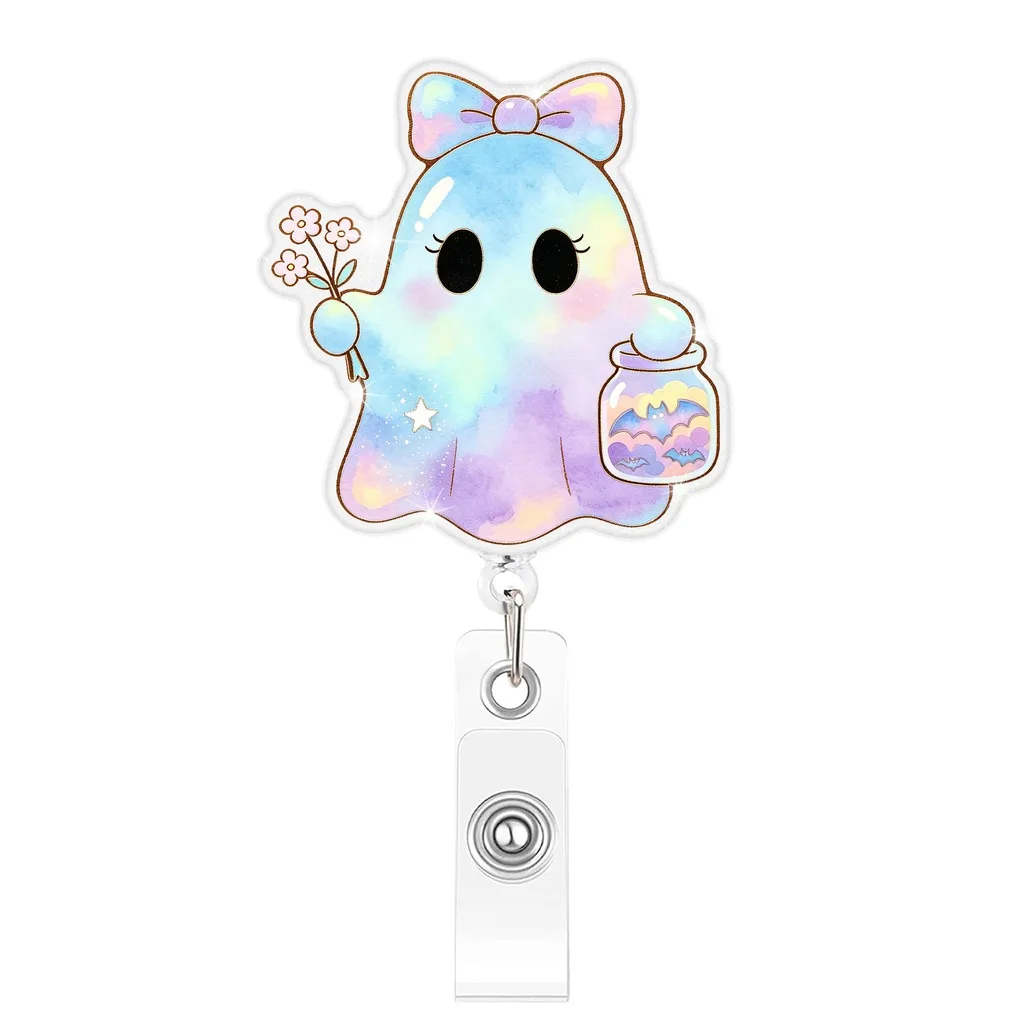 Access Card Holder Sturdy Work Id Card Holder Gradient Ghost Badge Reel Glitter Acrylic Retractable Badge Clip For Access Daily