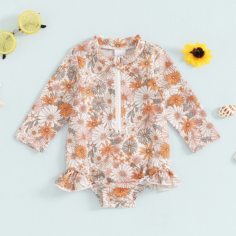 6M-4T Little Girl's Swimsuit Chrysanthemum Print Long Sleeve Zipper Rash Guard Bathing Suit Infant Toddler Beachwear