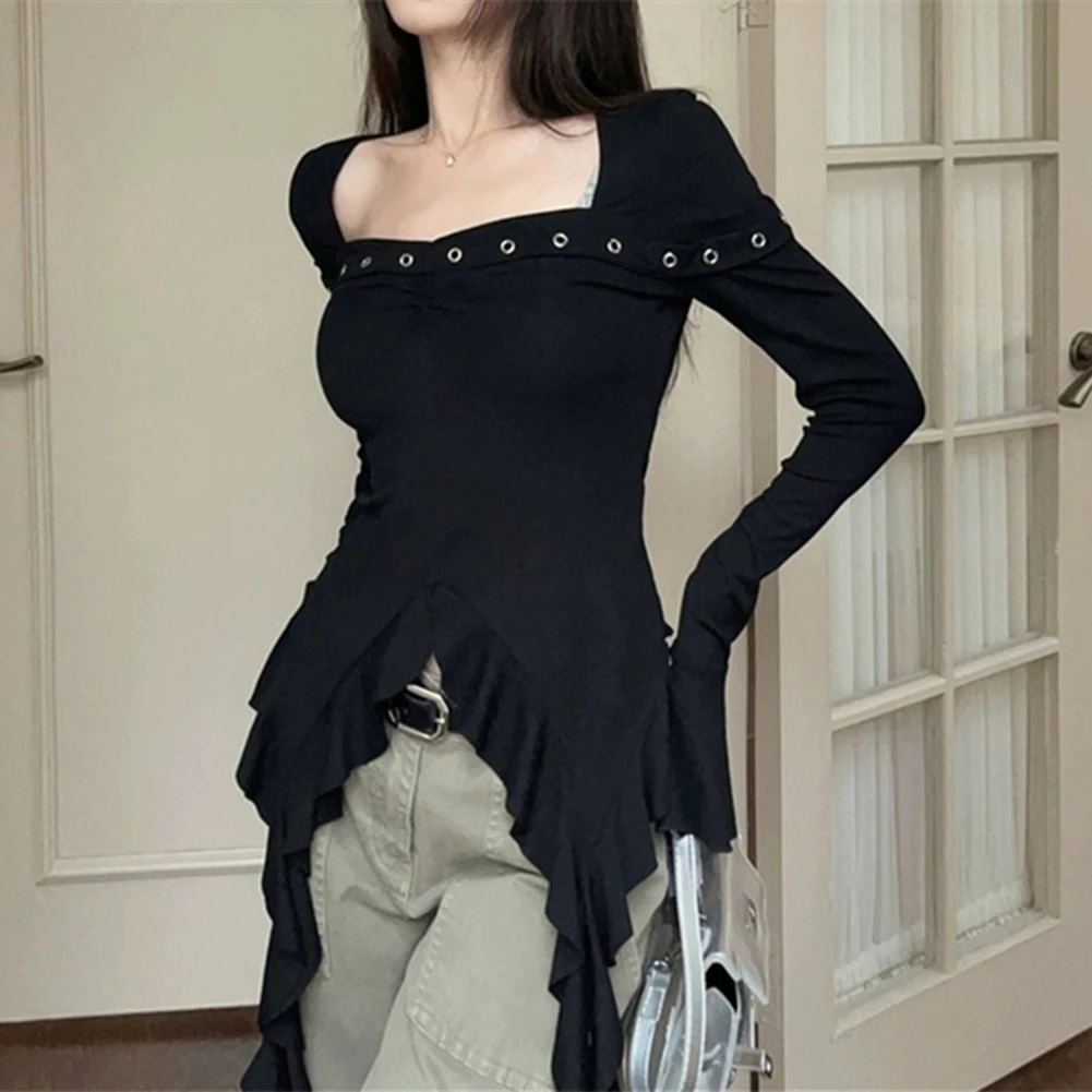 

Square Neck Womens Tee with Irregular Waist and Ruffle Detailing Perfectly Suited to Daily Wear in Spring Autumn