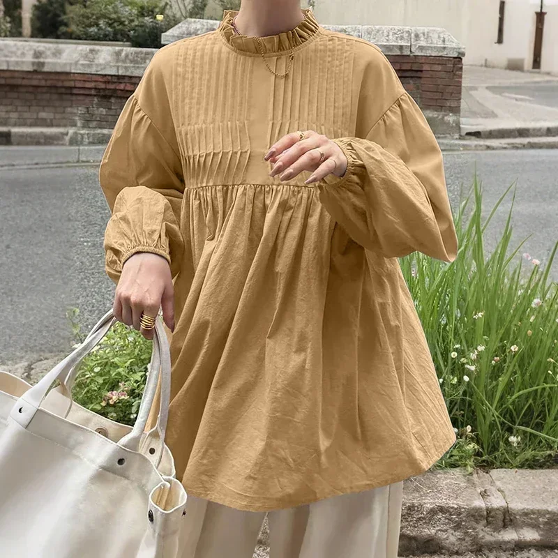 

Модная женская блузка ZANZEA 2026 с длинными рукавами-фонариками, однотонная, осенняя, с воротником-стойкой, плиссированная, повседневная, свободного кроя, милые блузы