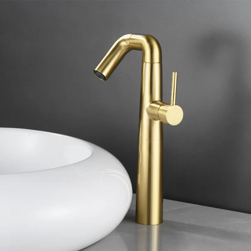 

Creative Brushed Gold Bathroom Basin Faucet Brass Deck Mounted Single Hole Hot Cold Mixer Sink Tap Washbasin Crane Faucet