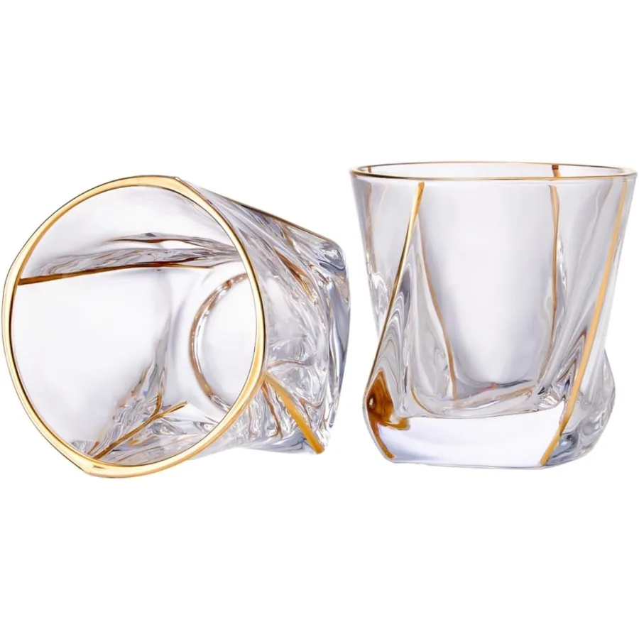 

Crystal Whiskey Glasses Set of 2 with 24K Gold Rim for Bourbon Scotch and Wine Serving Elegant Twisted Design Barware with Prem
