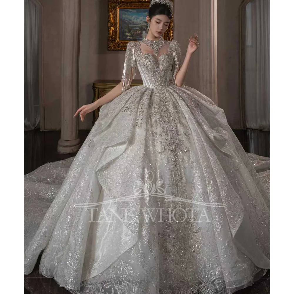 

Гражданское свадебное платье с круглым вырезом и коротким рукавом на шнуровке с замочной скважиной сзади, расшитое бисером и блестками, роскошное свадебное платье по индивидуальному заказу