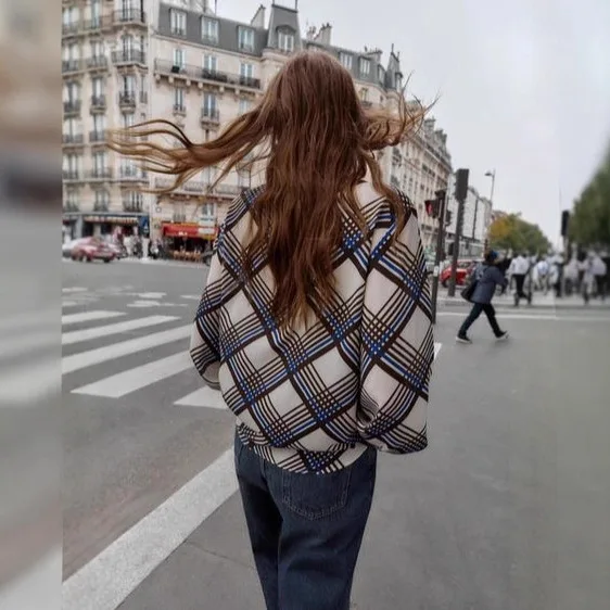 Women's Street Style Breathable Top Autumn Fashion Versatile Casual Plaid Turtleneck Shirt Elegant Long-Sleeve Blouse