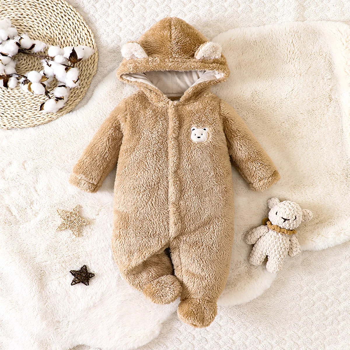 hibobi Winter Children\'s Cotton Jumpsuit Bear Shape Hooded Long-Sleeved Plush Romper Suitable For Children Under One Year Old