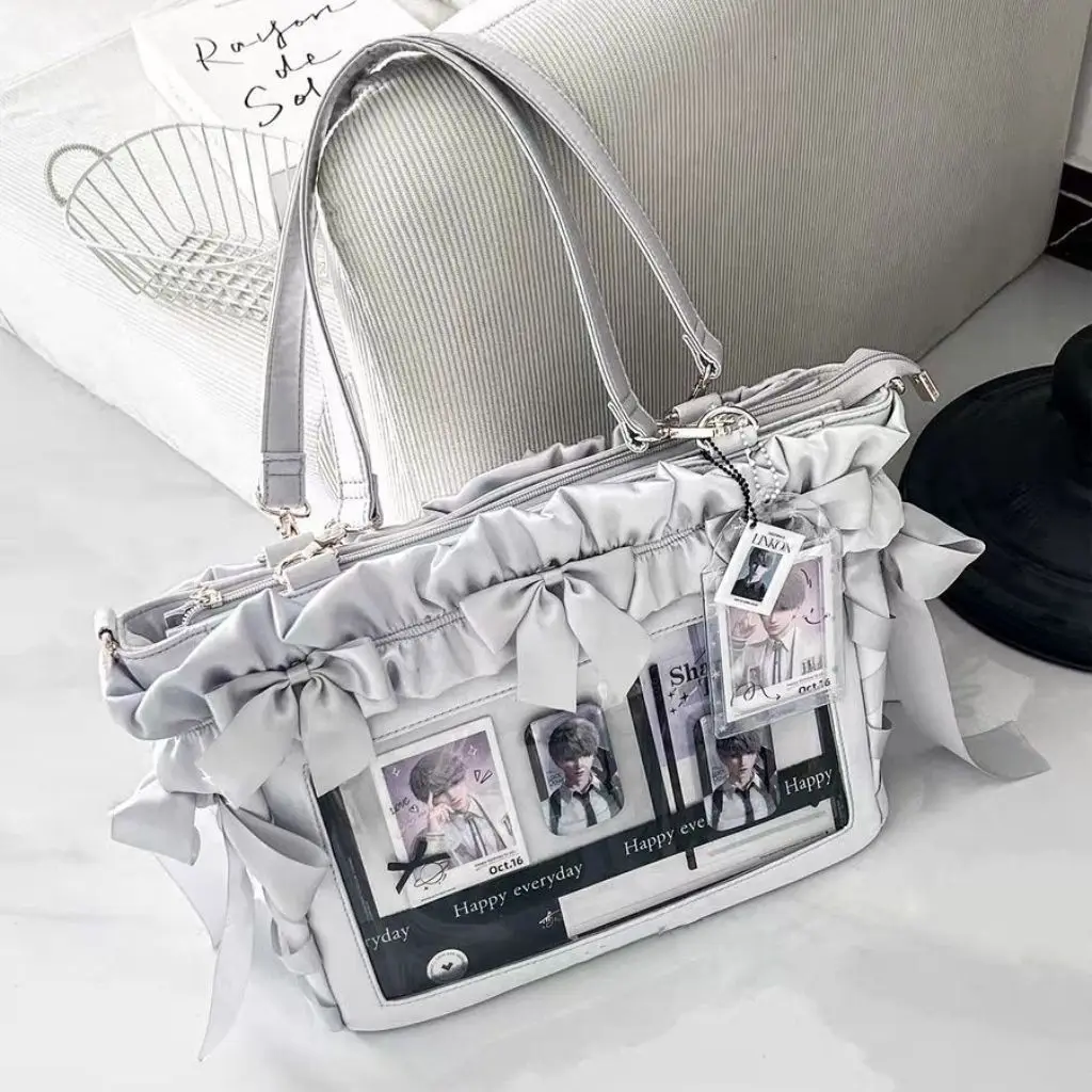 

JIAERDI Sweet Cute Bow Ruched Tote Bag Women Large Capacity Anime Badge Ita Bag Ladies Multifunctional 13.3 14 Inch Laptop Bags