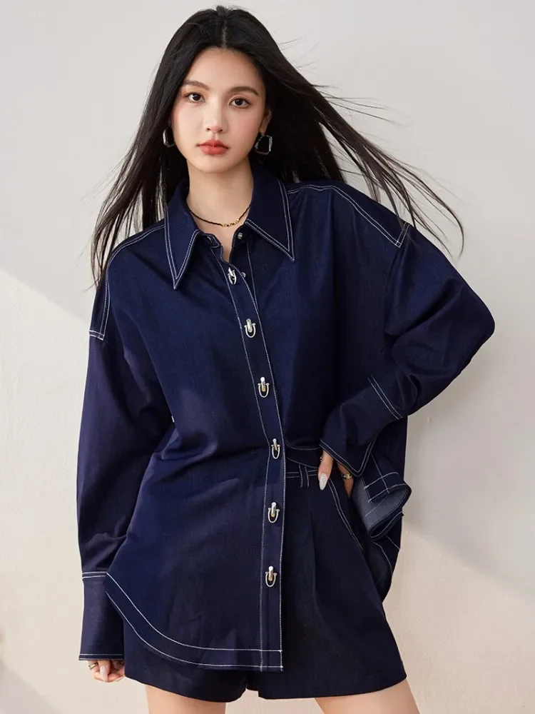 سترة دنيم زرقاء متعددة الاستخدامات للنساء، طراز جديد لخريف وشتاء 2024، بسيطة وراقية، فضفاضة وغير رسمية بأكمام طويلة #6