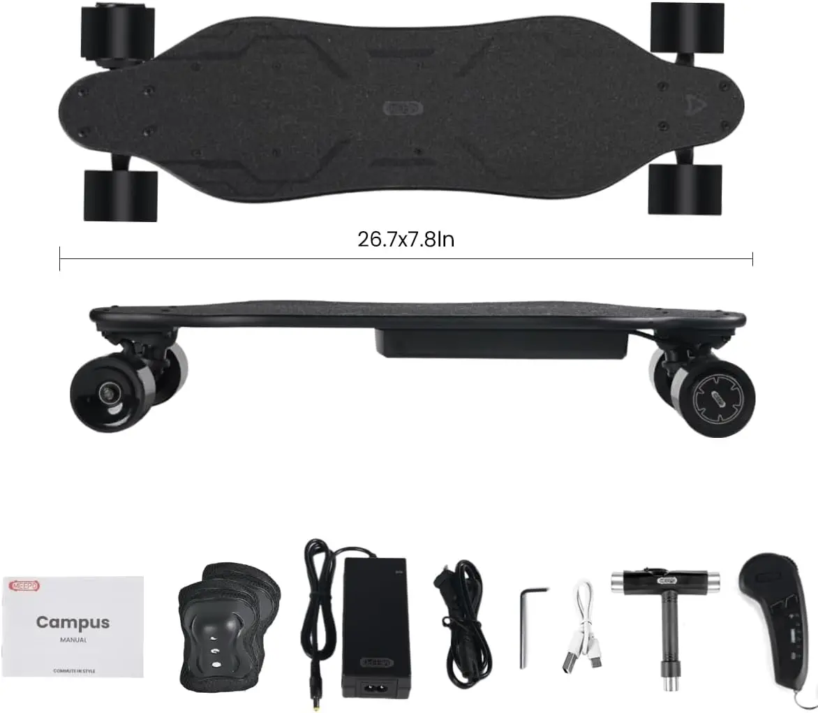 Electric Skateboard with Remote, Top Speed Up to 29 Mph, 4 Speed Smooth Braking, Easy Carry Handle Desi