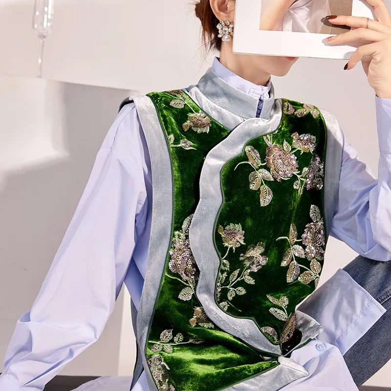 New style flower sequin waistcoat loose temperament light luxury silk blouse