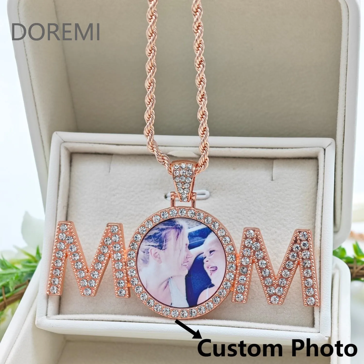 DOREMI Custom Photo Charm Personalized Picture Mom Necklace Rhinestone MOM Pendant Gold Silver Bling Necklace with Pendant